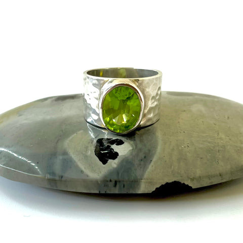 Wide Peridot Hammered Silver Ring