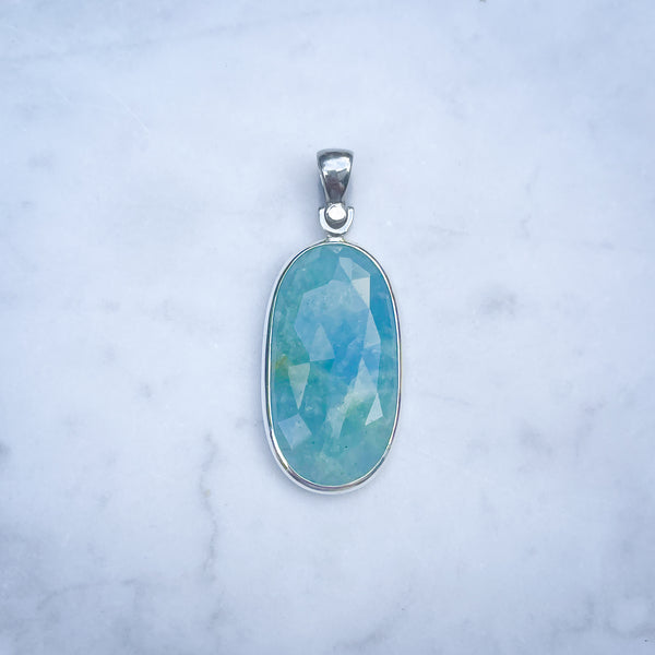 Aquamarine Oval Chequerboard Pendant