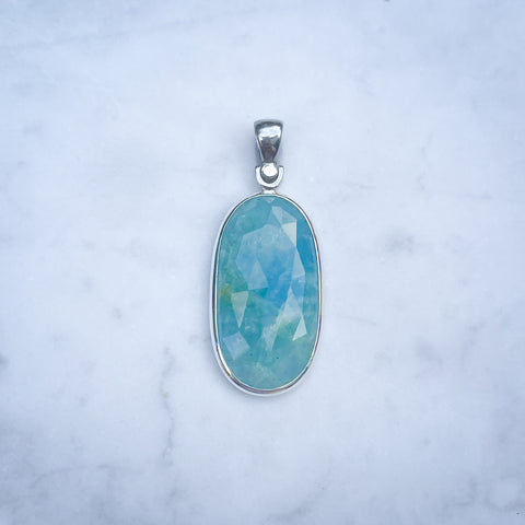 Aquamarine Oval Chequerboard Pendant