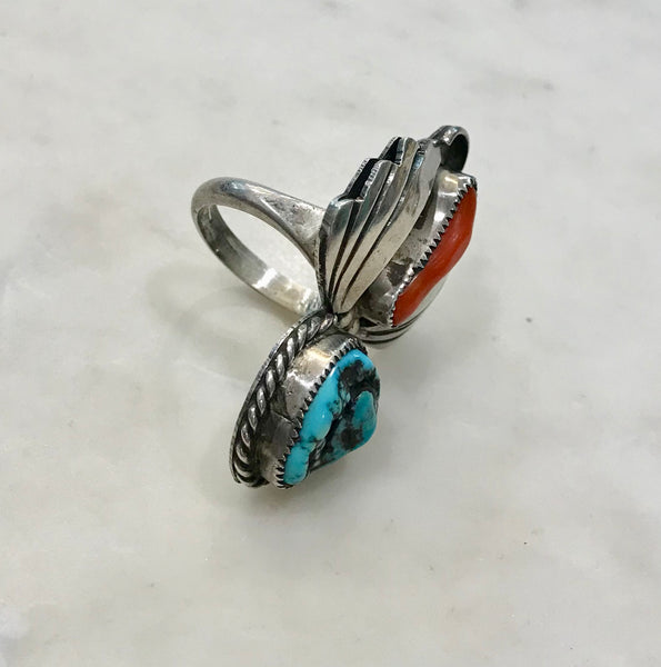 Vintage Navajo Coral and Turquoise Sterling Silver Ring