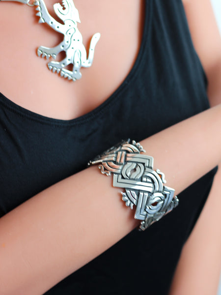 Silver Oxidised Relief Bangle - Mexico