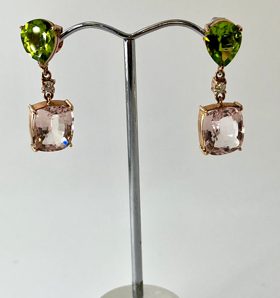 14ct Gold Morganite, Diamond and Peridot Drop Earrings