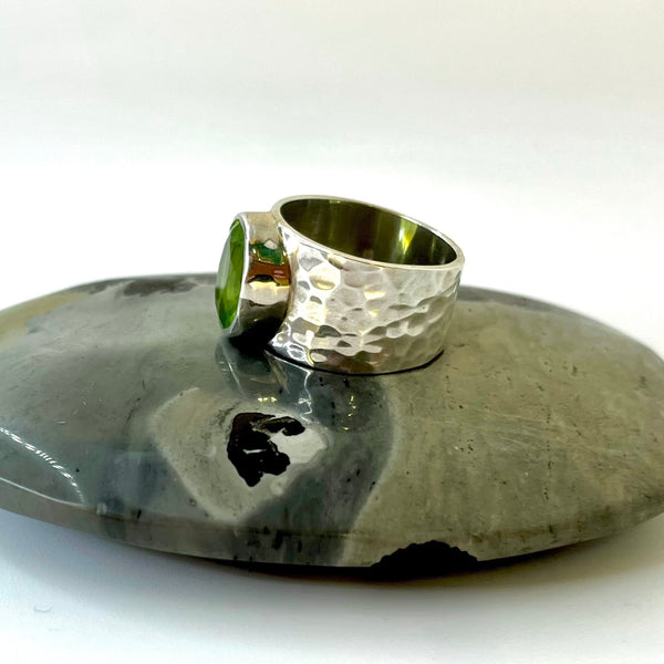 Wide Peridot Hammered Silver Ring