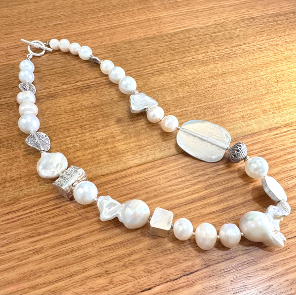 Natural Baroque Pearl and Hand made Silver Necklace