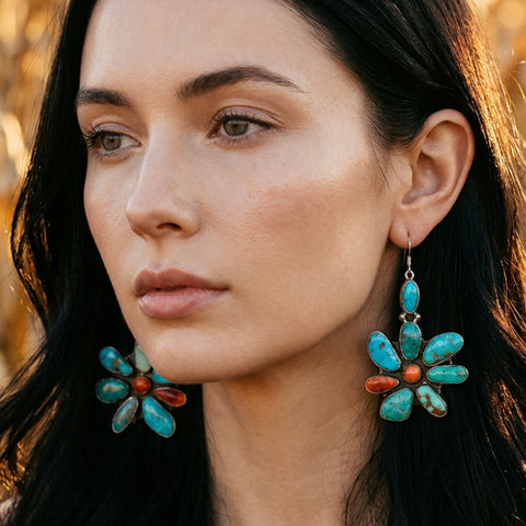 Large Navajo Turquoise and Spiny Oyster Drop Earrings