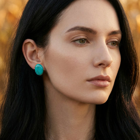 Natural Turquoise Oval Clip On Earrings