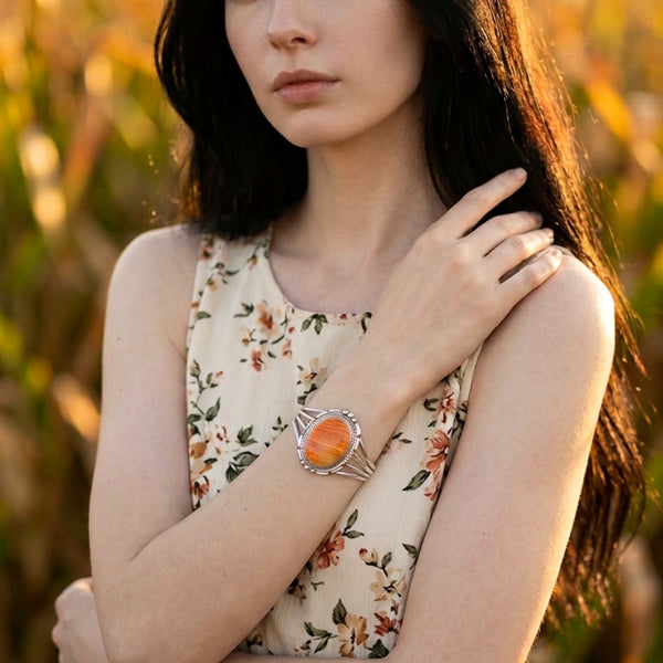 Orange Spiny Oyster Shell Silver Cuff