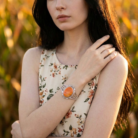 Orange Spiny Oyster Shell Silver Cuff