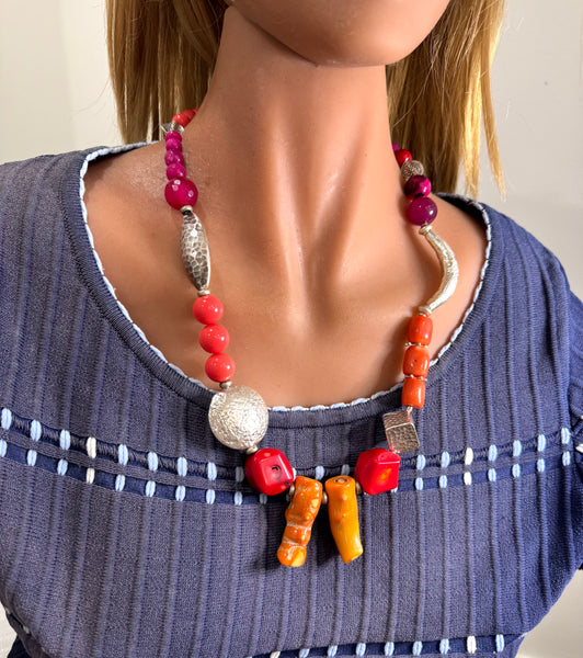 Natural Coral, Pink Jade and Hand made Silver Necklace