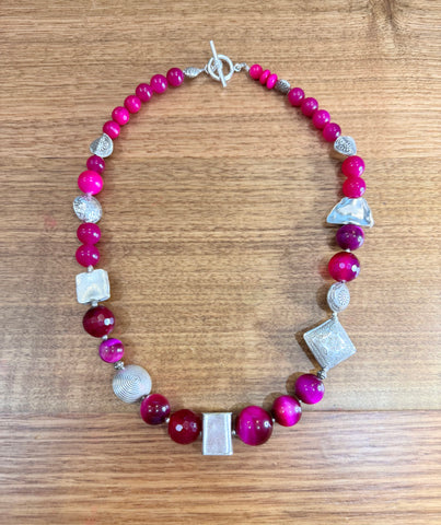 Pink Jade and Hand made Silver Necklace