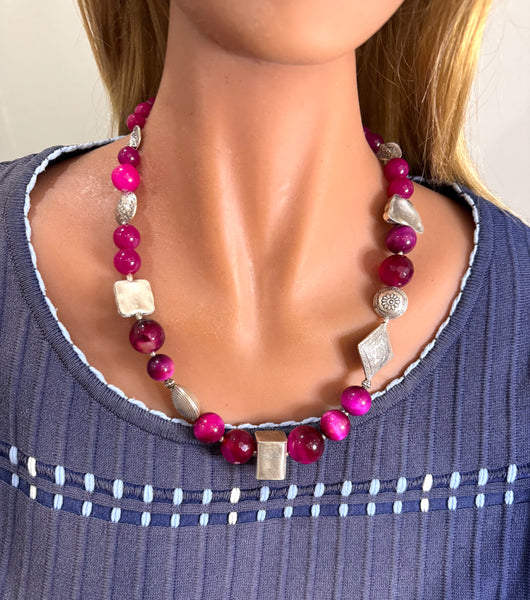 Pink Jade and Hand made Silver Necklace