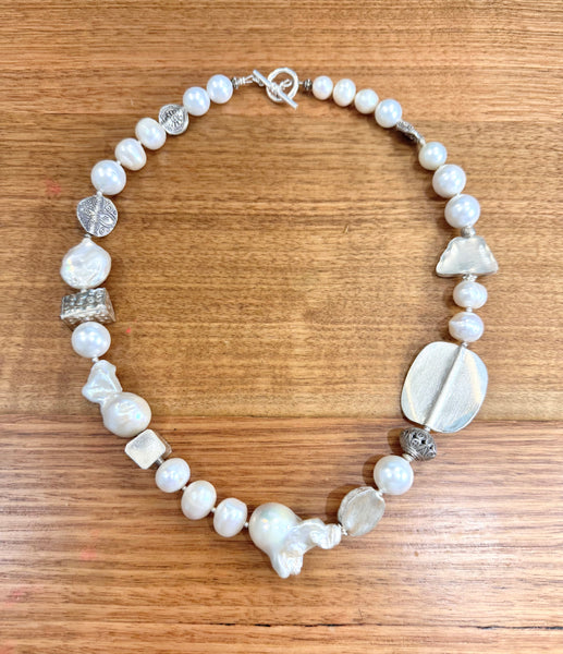 Natural Baroque Pearl and Hand made Silver Necklace