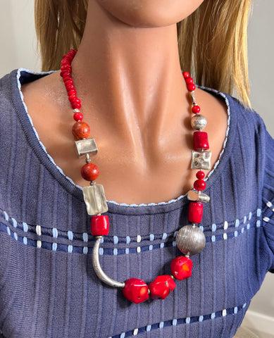 Natural Coral Hand Made Silver Necklace