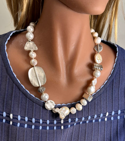 Natural Baroque Pearl and Hand made Silver Necklace