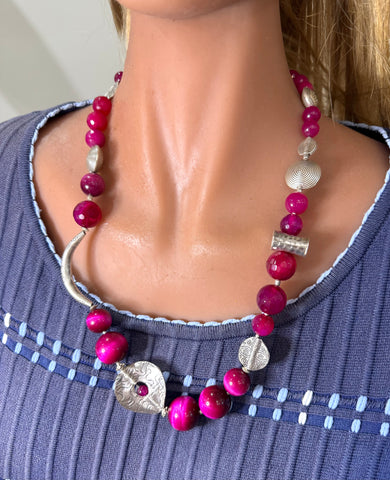 Pink Jade and Hand made Silver Necklace