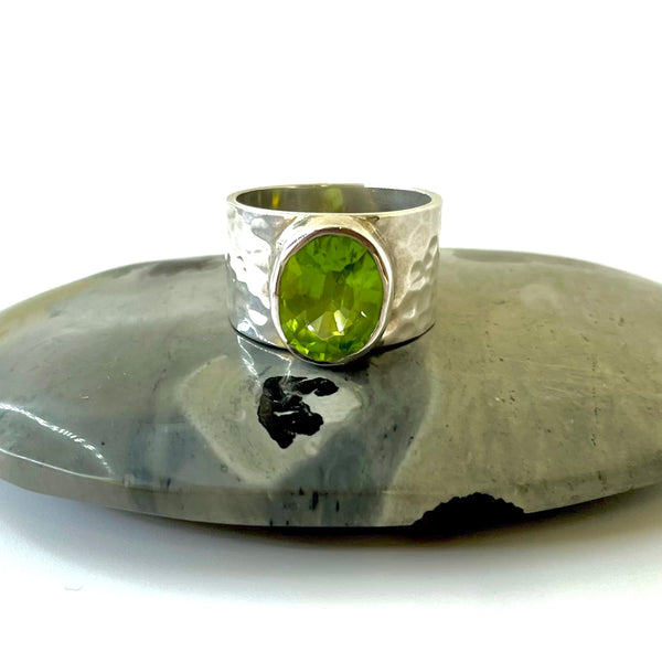 Wide Peridot Hammered Silver Ring