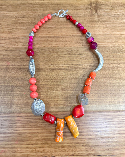 Natural Coral, Pink Jade and Hand made Silver Necklace