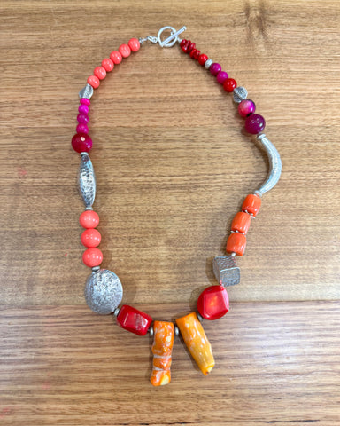 Natural Coral, Pink Jade and Hand made Silver Necklace