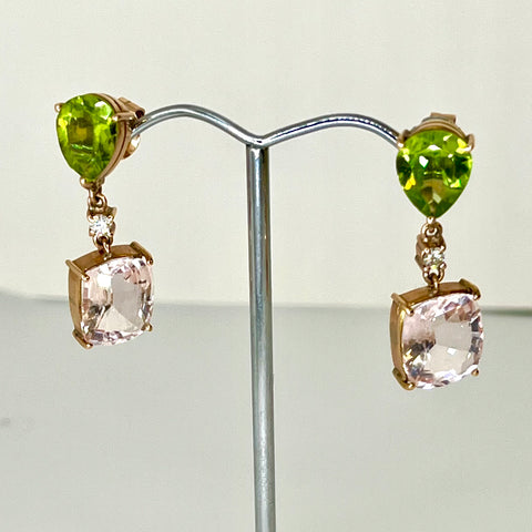 14ct Gold Morganite, Diamond and Peridot Drop Earrings