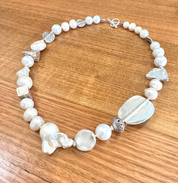 Natural Baroque Pearl and Hand made Silver Necklace