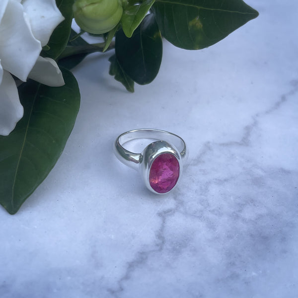 Silver Oval Pink Tourmaline Ring