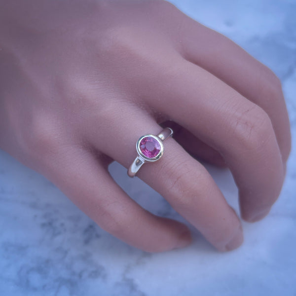 Small Silver Oval Pink Tourmaline Ring