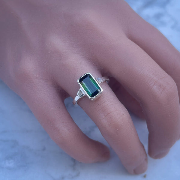 Silver Rectangular Green Tourmaline Ring