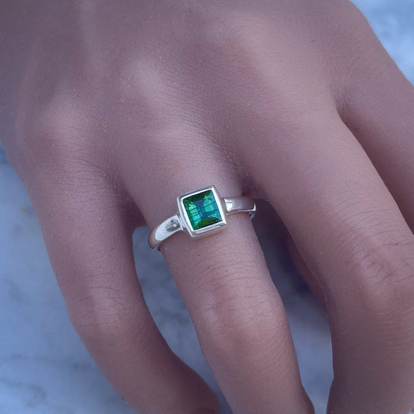Silver Square Cut Green Tourmaline Ring