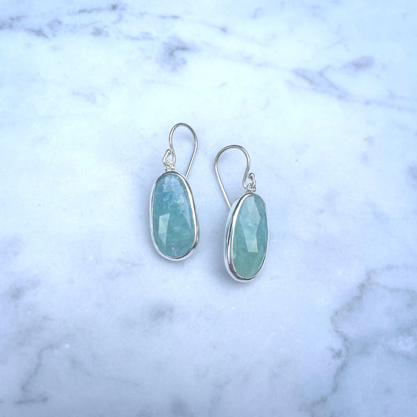 Chequerboard Cut Aquamarine Silver Drop Earrings