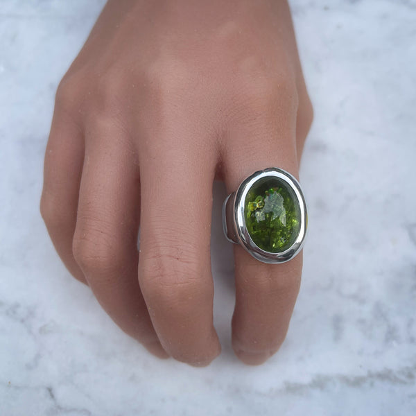 Peridot Large Oval Cabochon Silver Ring