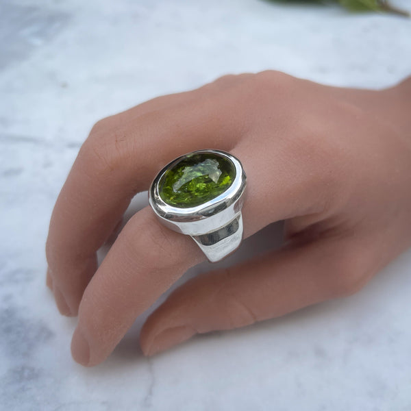 Peridot Large Oval Cabochon Silver Ring