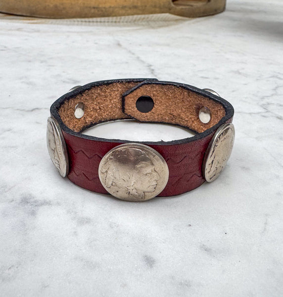 Zuni Coin Bracelet On Red Leather