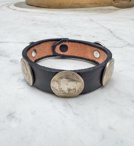 Zuni Coin Bracelet On Black Leather