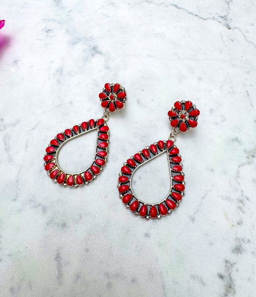 Navajo Squash Blossom Coral Earrings