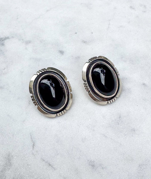 Navajo Onyx and Silver Stud Earrings