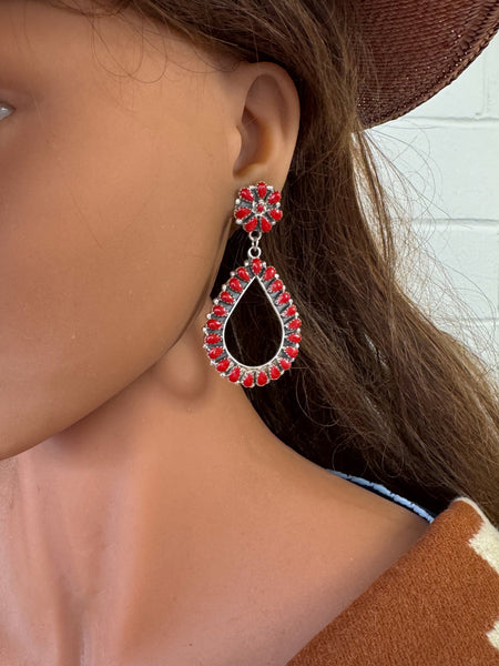 Navajo Squash Blossom Coral Earrings