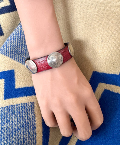 Zuni Coin Bracelet On Red Leather