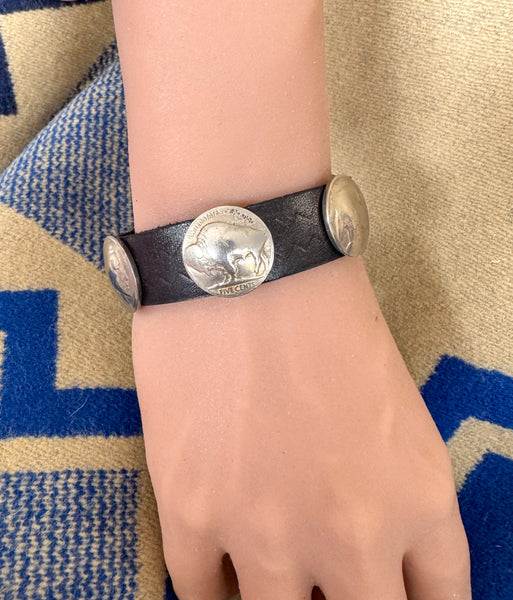 Zuni Coin Bracelet On Black Leather