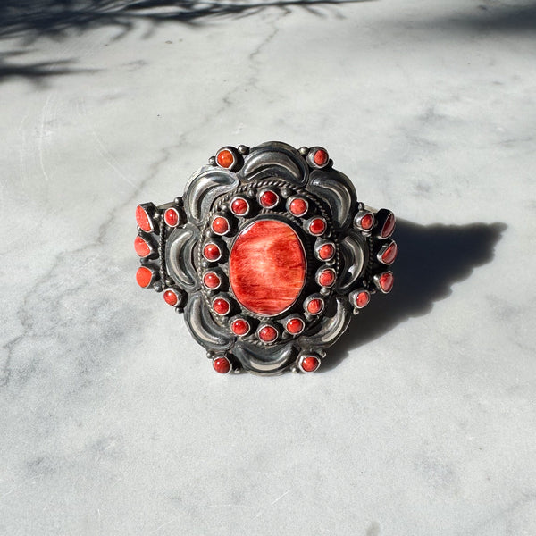 Red Spiny Oyster Shell and Coral Silver Cuff