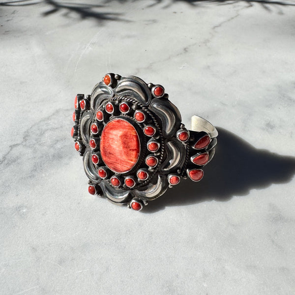 Red Spiny Oyster Shell and Coral Silver Cuff
