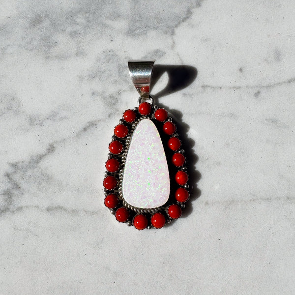 Natural Red Coral and Recon Opal Pendant.