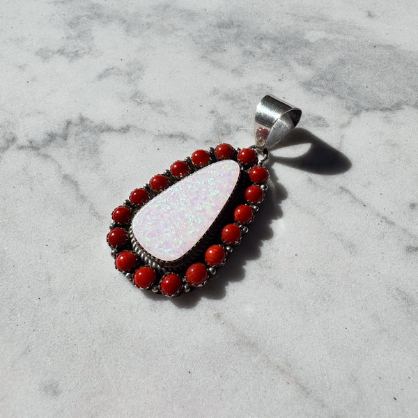 Natural Red Coral and Recon Opal Pendant.