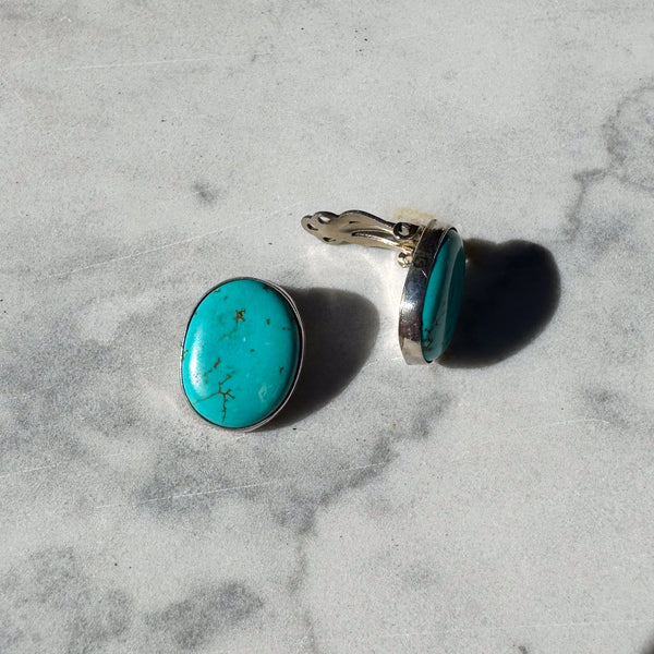 Natural Turquoise Oval Clip On Earrings
