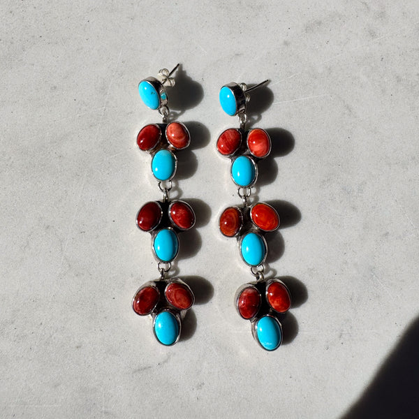 Long Navajo Turquoise and Spiny Oyster Drop Earrings