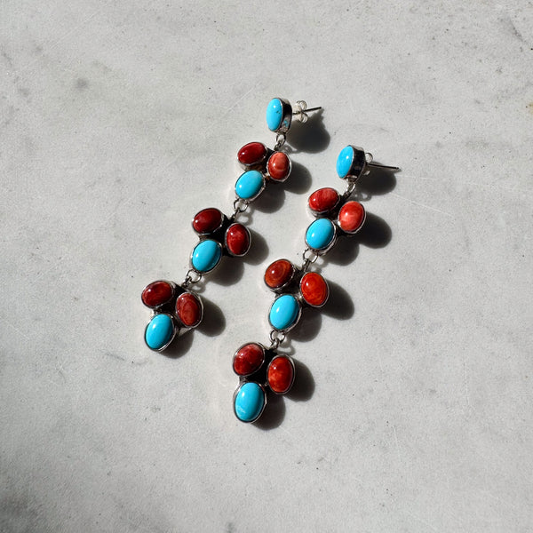 Long Navajo Turquoise and Spiny Oyster Drop Earrings