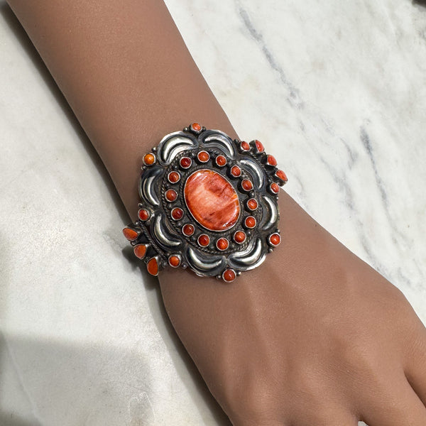 Red Spiny Oyster Shell and Coral Silver Cuff