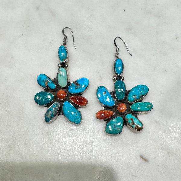 Large Navajo Turquoise and Spiny Oyster Drop Earrings