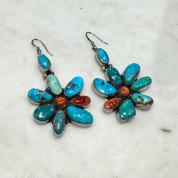 Large Navajo Turquoise and Spiny Oyster Drop Earrings