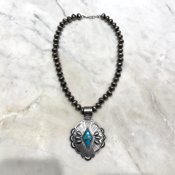 Silver Repousse Turquoise Necklace