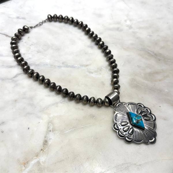 Silver Repousse Turquoise Necklace